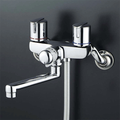 浴室用水栓 > 壁付2ハンドル> 一時止水付2ハンドルシャワー(フルメタルヘッド・メタリックホース）KF141GMB